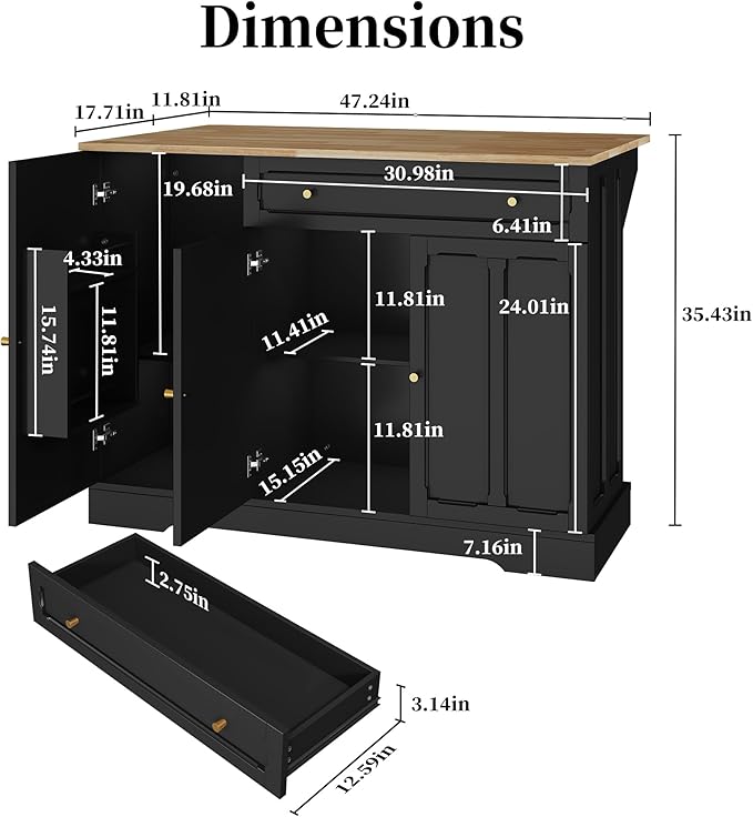 HLR Kitchen Island Cart with Storage, Carved Doors Modern Rolling Islands with Drop Leaf, Sideboard Buffet Cabinet on Wheels, Working Table for Kitchen, Dining Room (Black)