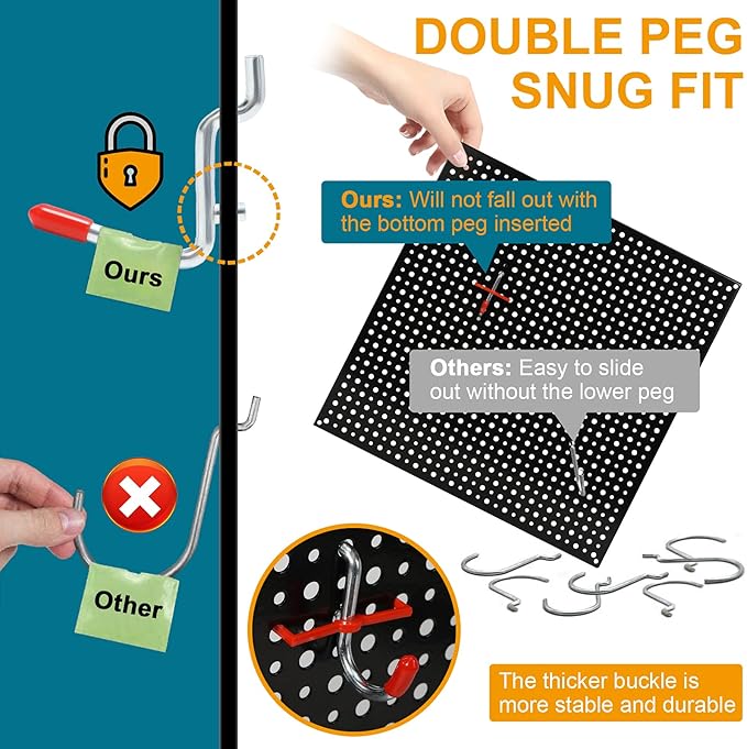 1/4 Inch Extra Thick Pegboard Hooks,Only Suitable for 1/4" Pegboard Board,Metal Pegboard Hooks for Hanging Storage (60pcs L Hook, Black)