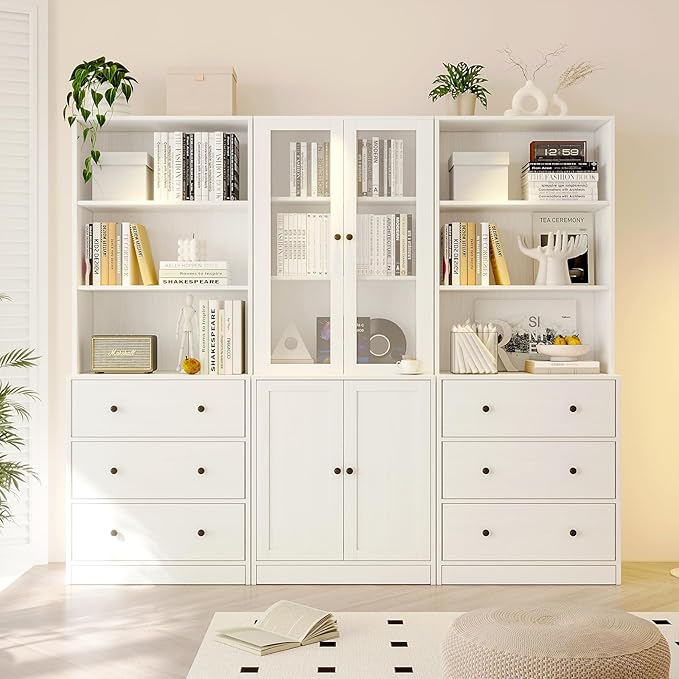 TUSY 71" H Bookshelf Bookcase with Doors, 3-Tier Modern Bookshelves with 3 Large Drawer, Display Bookcase with Glass Doors, Modern 5-Tier Curio Cabinet for Home Office, Dining Room (White, ABA)