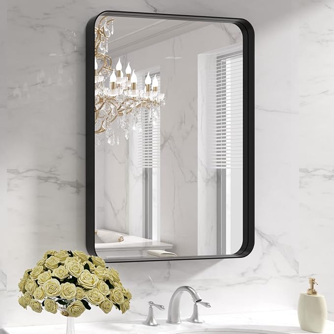 LOAAO Black Metal Framed Bathroom Mirror for Wall, 22X30 Inch Rounded Rectangle Mirror, Matte Black Bathroom Vanity Mirror Farmhouse, Anti-Rust, Hangs Horizontally or Vertically