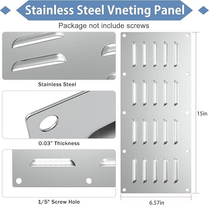 4 Pack Stainless Steel Venting Panel for Grill Accessory Stainless Steel Vent Cover Grill Vent for Masonry Fire Pits Outdoor Kitchen Vent, 15" by 6-1/2"