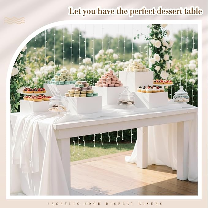Leinuosen 7 Pcs Extra Large Buffet Risers Set 10" to 16" Rectangle Acrylic Display Box Catering Dessert Table Riser Food Display Decorative Stand with Hollow Bottom for Catering Supplies(White)