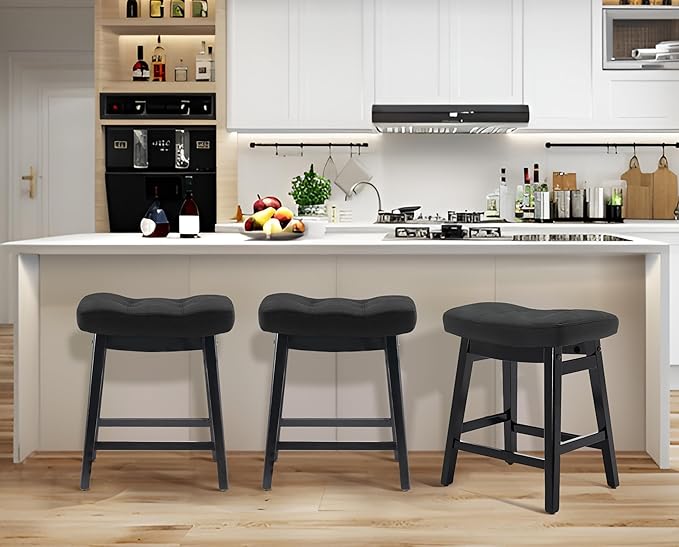 Counter Height Black Bar Stools Set of 3 for Kitchen Counter, Backless Farmhouse Kitchen Island Barstools with Upholstered Faux Leather Saddle Seat and Solid Wood Legs Modern 24 inch Bar Chairs
