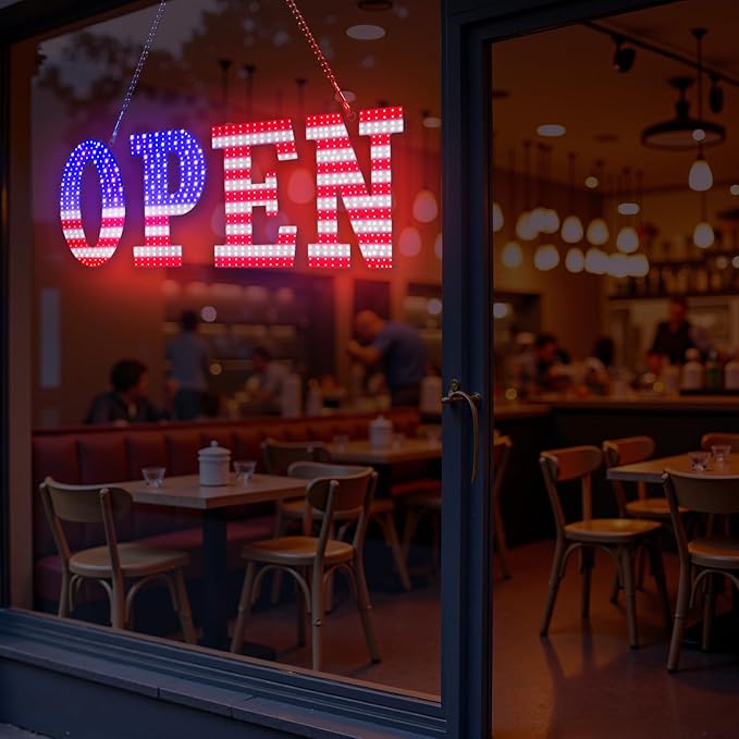 30"x10" Large LED Open Sign for Business - Unique Design super Bright Open Signs With chain - High Visibility for Stores, Bar, Hotel, Retail Shops,Window, Salon, Restaurant, Office (American Flag, 30x10)