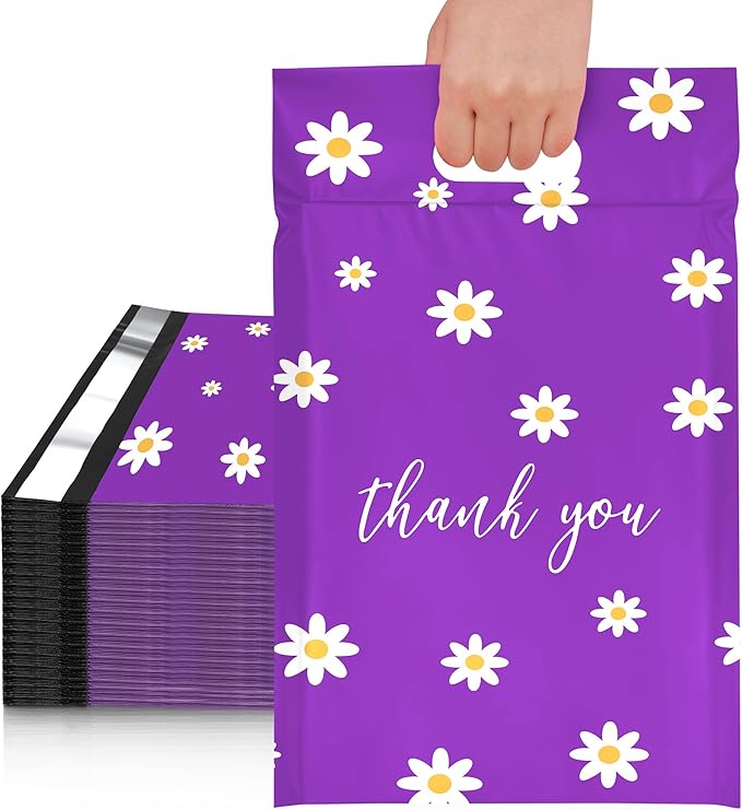 JinRuiKJ Poly Mailers with Handle 10x13 Inch 25 Pcs, Easy to Carry Packaging Bags for Small Business, Thank You Shipping Bags with Self Adhesive Strip, Tearproof and Waterproof - Purple Chrysanthemum