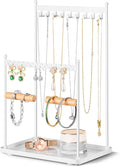 Jewelry Tower Necklace Holder Organizer – 3-Tier Jewelry Display Rack with Storage Tray – Holds 22 Pairs of Earrings, Bracelets, Rings, Necklaces – Gift for Girls & Women, White