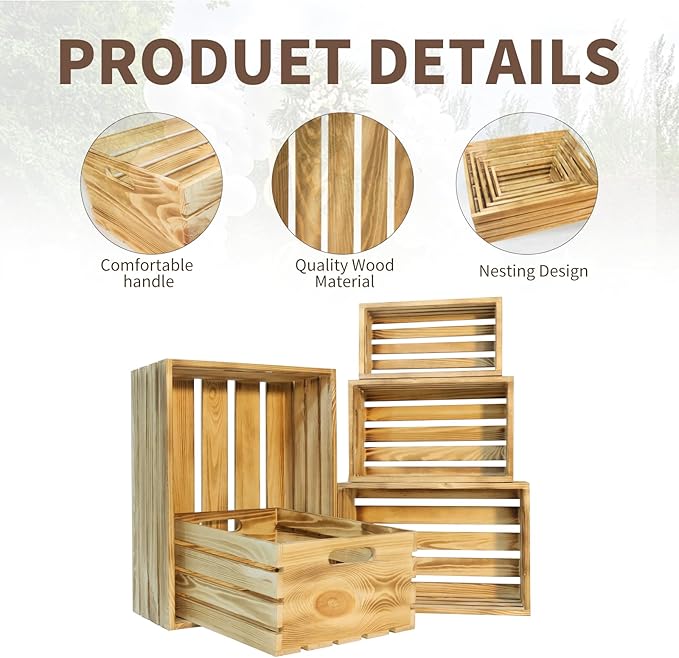 5 Pcs Decorative Wood Crates for Display, 5 Size Large Farmhouse Wooden Basket for Storage Container and Decorations, Rustic Nesting Crates Decor Boxes with Handle
