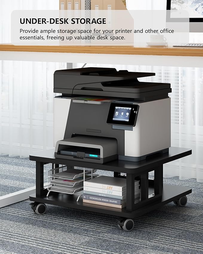 Mobile Printer Stand, 2-Tier Large Printer Shelf for Laser 3D Printer Office Machine with Storage, 23.6"x23.6" Wood Printer Cart Under Desk Rack with Wheels for Office Home Kitchen (Black)