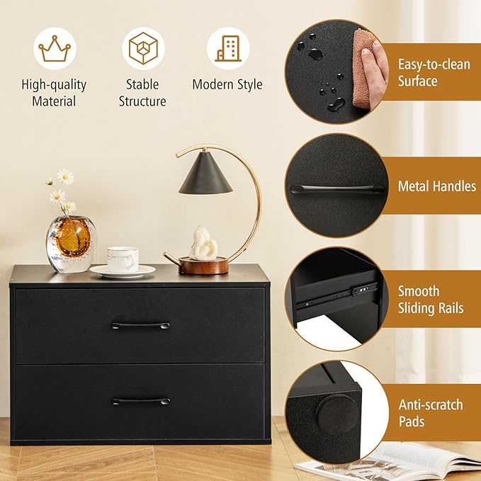 POWERSTONE 2 Drawers Storage Cabinets, Wooden Dresser Organizer, Under Desk Storage for Living Room, Bedroom, Home Office, Black