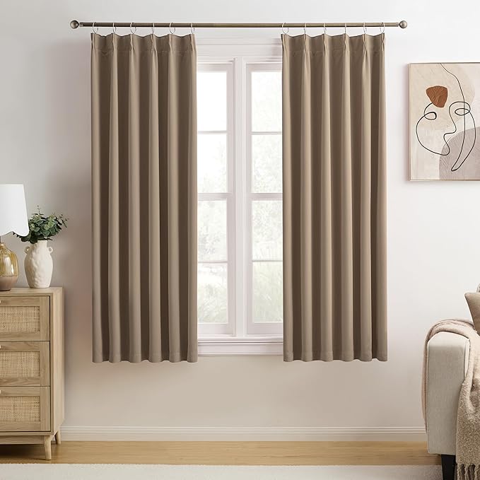 KEQIAOSUOCAI Blackout Bedroom Curtains 63 Inches Long, Thermal Insulated Short Pinch Pleated Vertical Drapes for 62 Inch Home Office/Bay Windows/Basement(Cappuccino,40"x63"x2 Panels)