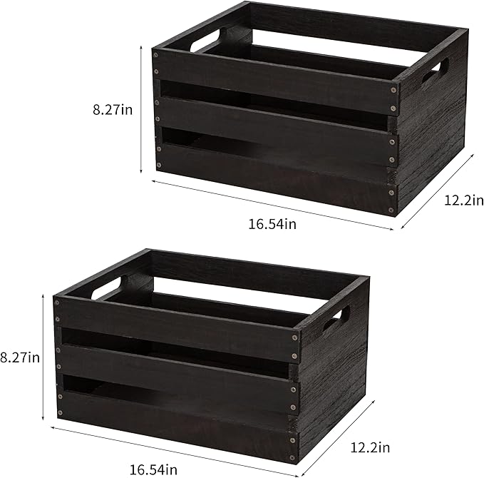 Rustic Vintage Brown Wooden Storage Crates Set, 2 Pack , 16.5 X 12 X 8.3''wood crate box，Handmade Farmhouse Decorative Crate with Handles for Books, Clothes Storage & Display