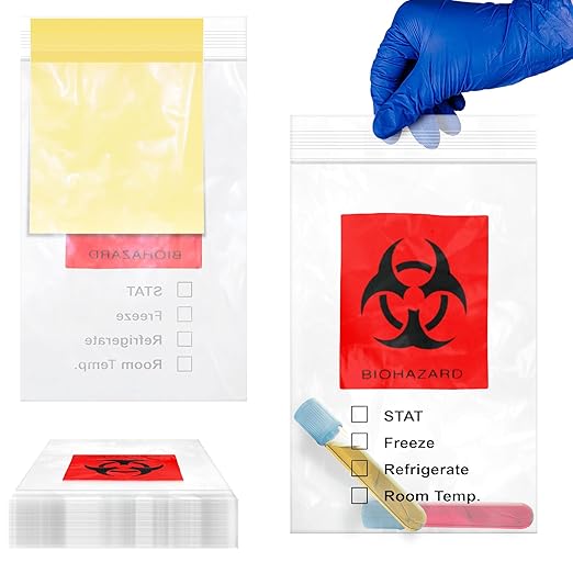 Biohazard Specimen Bags, 6 x 9 Inch. Pack of 100 Clear Zipper Specimen Bags. 3-Wall Polyethylene Biohazard Bag, 2 Mil. LDPE Plastic Bag with Zipper and Attached Document Pouch
