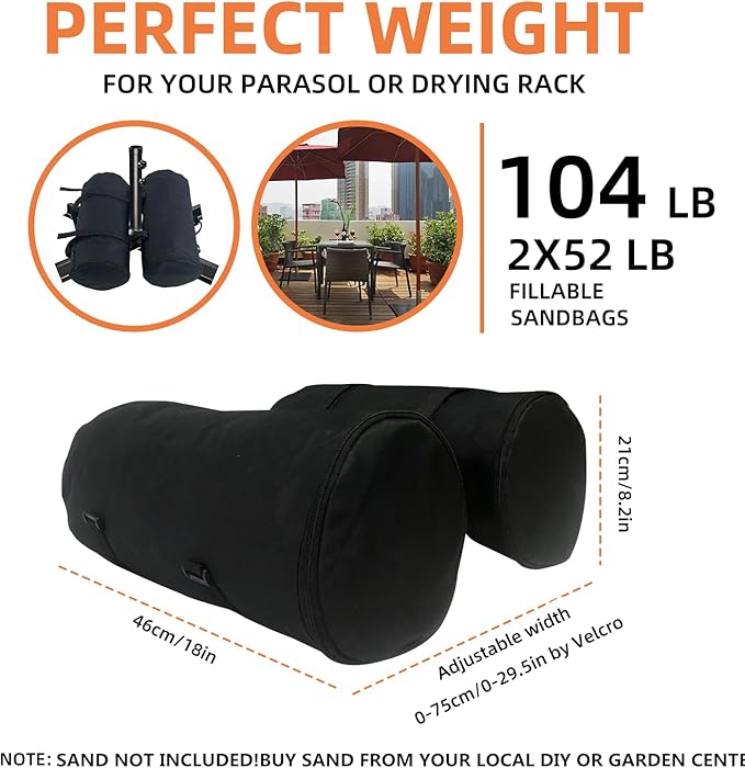 Umbrella Base Weight Sand Bags, 2 x 50 LBS Fillable Sand Bag for Umbrella Base, Cantilever Patio Umbrella, Trampoline, Outdoor Garden Backyard Furniture (Without Filler)