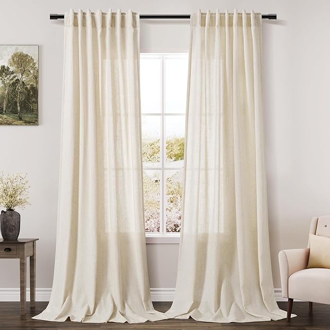 Nanspring Warm Beige Linen Curtains 102 Inches Long Rod Pocket Back Tab Drapes 2 Panels Set for Living Room Bedroom Light Filtering Semi Sheer Warm Beige Curtain 102 Length for Patio Door 52x102