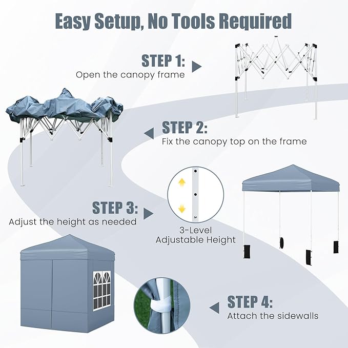 Tangkula 6.5x6.5 FT Pop Up Canopy, UPF50+ Outdoor Canopy Tent with 2 Removable Sidewalls, 2 Zippered Doors, Heavy-Duty Carbon Steel Frame, Wheeled Bag, 4 Sandbags, 8 Stakes, 4 Wind Ropes (Gray)