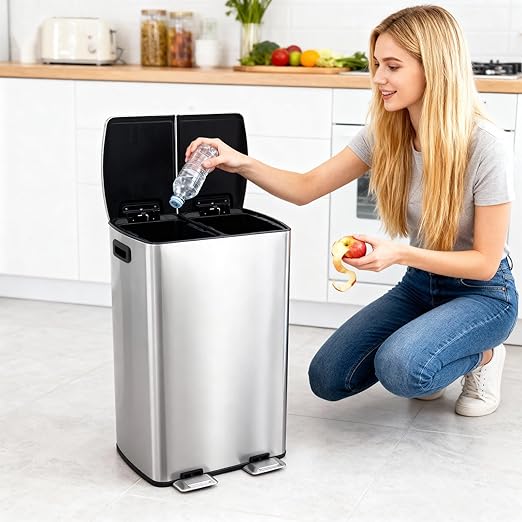 GarveeHome Commercial Dual Trash Can, 16 Gallon Stainless Steel Double Compartment Recycling Bin with Soft-Close Lids, Pedals & Plastic Inner Buckets, 60L Garbage Can for Kitchen, Home, Office, Silver