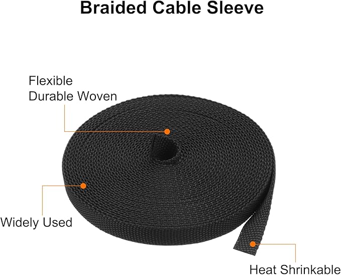MECCANIXITY Braided Cable Sleeves Heat Shrinkable Fabric Sleeving, 5/16" 26ft Black 2:1 Ratio Heat Shrinkable Cord Protector for Harness Cable, Network Cable Protection, Cable Management