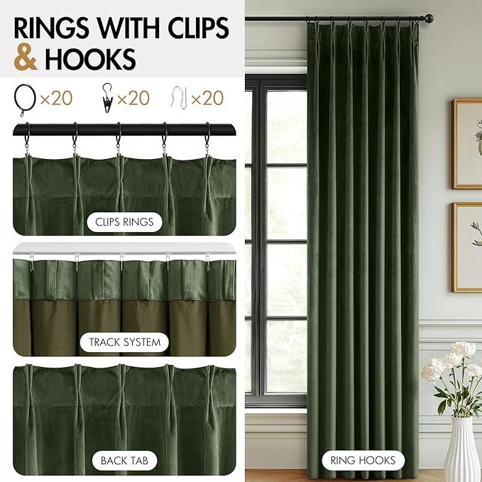 MIULEE Olive Green Velvet Curtains 108 inches Long, Pinch Pleated Blackout Drapes with Hooks, Thermal Insulated Pinch Pleat Panels for Bedroom Living Room, 2 Panels