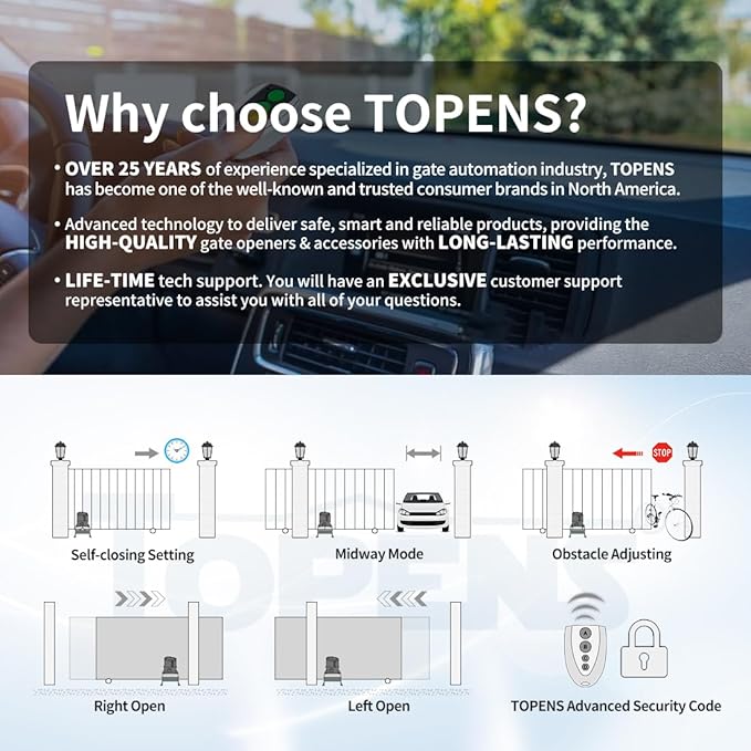 TOPENS CK1200 Automatic Sliding Gate Opener Chain Drive Electric Gate Motor for Heavy Driveway Slide Gate Up to 3400 Pounds, Security Gate Operator AC Powered with 20ft Roller Chain and Remote Control