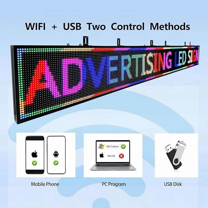 115”x 14” Programmable Scrolling LED Sign Custom, Outdoor P10 Digital Sign Support Wifi & USB, Full Color Led Open Signs for Business, Advertising Display Board