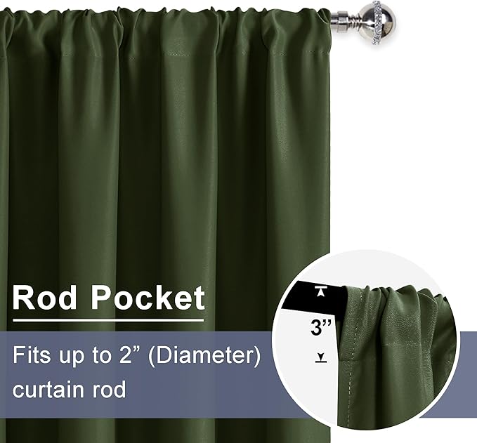 JIUZHEN Blackout Curtains for Bedroom– Thermal Insulated,Noise Reducing Room Darkening Privacy Rod Pocket Drapes for Living Room, Set of 2 Panels with Tiebacks, 42 x 54 inch Long, Olive Green