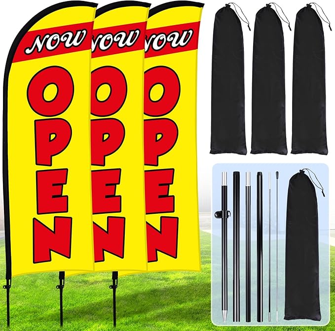 Buryeah 3 Sets Now Open Feather Flag Pole Kit for Business Advertising 7 ft Open Flag Banner Sign with Pole Kit Ground Stake and Portable Bag for Outside Ground(Yellow)