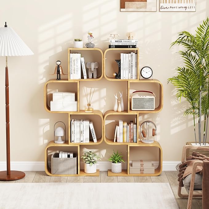 Giantex S-Shaped Bookcase Set of 2, 4-Tier Bamboo Bookshelf with 2 Open Cubes, Geometric Corner Display Shelf, Decorative Storage Organizer, Floor Storage Rack for Living Room, Home Office, Natural