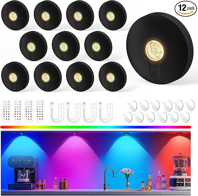 Rechargeable Puck Lights with Remote, 12 Pack Magnetic Under Cabinet Lighting, 1500mAh Battery Operated LED Tap Lights with Dimmer & Timmer for Kitchen, Closet, Shelf - 3 Color Temps & 12 RGB, Black