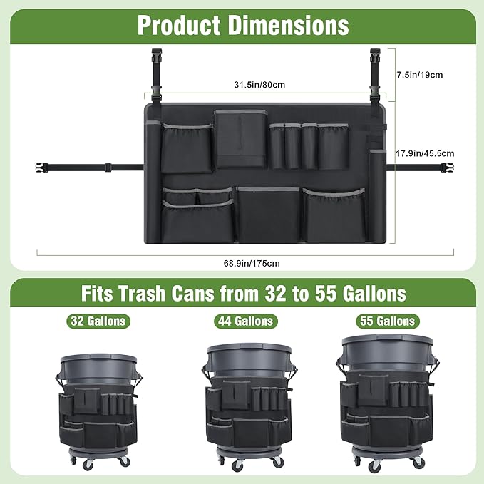 4PCS Trash Can Caddy Bags Fit 32-55 Gallon Garbage Bin, Garbage Bin Caddy Bag with 13 Pockets Compatible with Brute & Uline, Commercial Cleaning Supplies Organizer Bag & Janitorial Duties(4PCS)