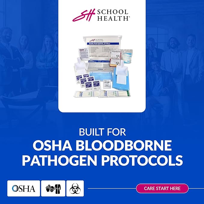 School Health 27‑Piece Bodily Fluid Spill Clean Up Kit – Bloodborne Pathogen Protection with PPE, Biohazard Bags & Wipes – OSHA Compliant Response Kit for Schools, Clinics & Infectious Materials