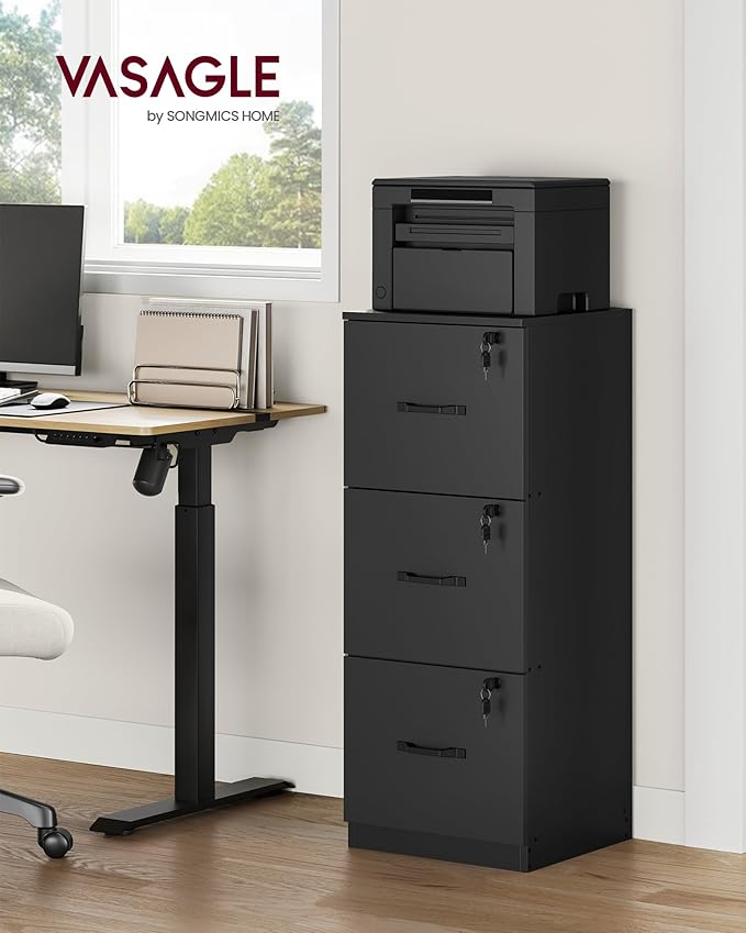 VASAGLE 3 Drawer File Cabinet, File Cabinet with Lock, Printer Stand, Office Filing Cabinet Organizer, for A4 and Letter Size Files, Ink Black UOFC055B16
