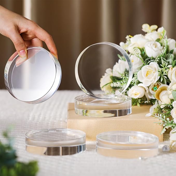 Remerry 8 Pcs Acrylic Round Blocks for Display Clear Polished Blocks for Display Clear Acrylic Edge Polished Base Display Riser for Table Showing Cosmetics Collectibles Figures(4 x 4 x 1 Inches)