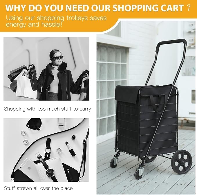 Folding Shopping Cart for Groceries, Grocery Cart with Waterproof Liner and 360° Swiveling Wheels Collapsible Shopping Carts for Condo Laundry Transport Trip