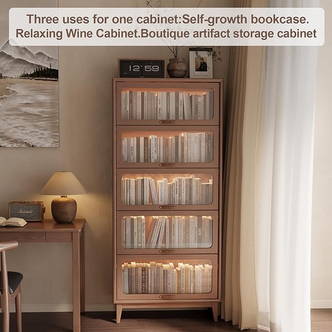 AQIMUELE 5 Tier Wood Bookcase Cabinet with Glass Doors 72 inch, Display Bookshelf,Kitchen Pantry Display Cabinet, Brown Finish Cube Storage Organizer Stand,Save Space for Home Office(No Light Strip)
