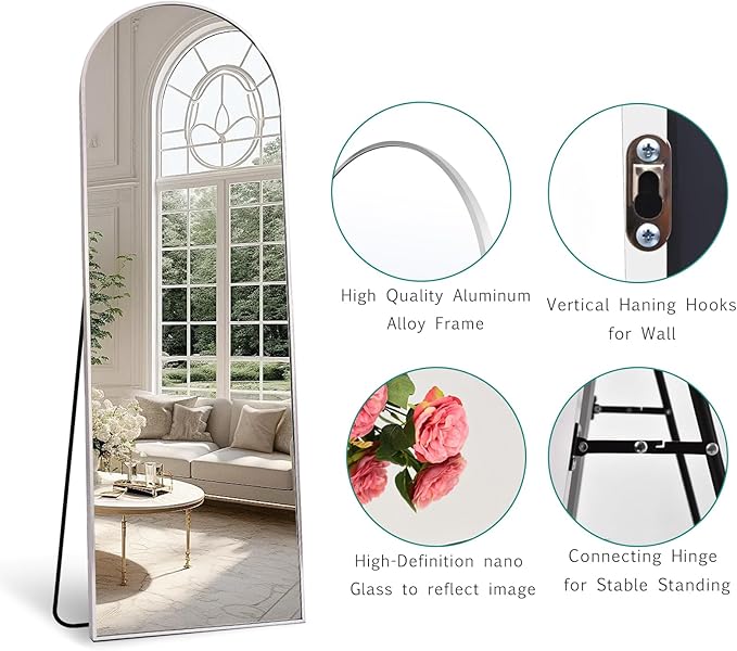 TinyTimes 65''x22'' Arched Full Length Mirror with Stand, Full Body Mirror Full Length Floor Freestanding, Wall Mounted Mirrors for Bedroom Living Room Cloakroom (White)