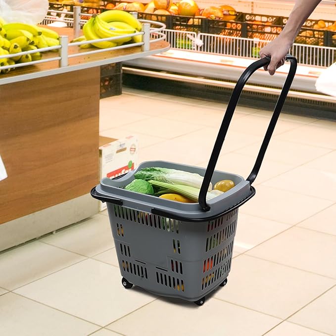 Teyyvn 4 PCS 50L Plastic Rolling Shopping Basket with Handle, Rolling Shopping Basket for Supermarkets and Retail Stores, Grey