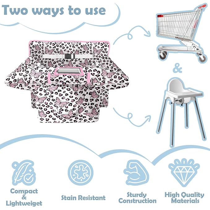 Shopping Cart Cover for Baby 2-in-1 High Chair Cover with Safety Harness Multifunctional Pink Butterfly Leopard Cart Covers for Babies Soft Padded Grocery Cart Cover for Baby Boy Girl