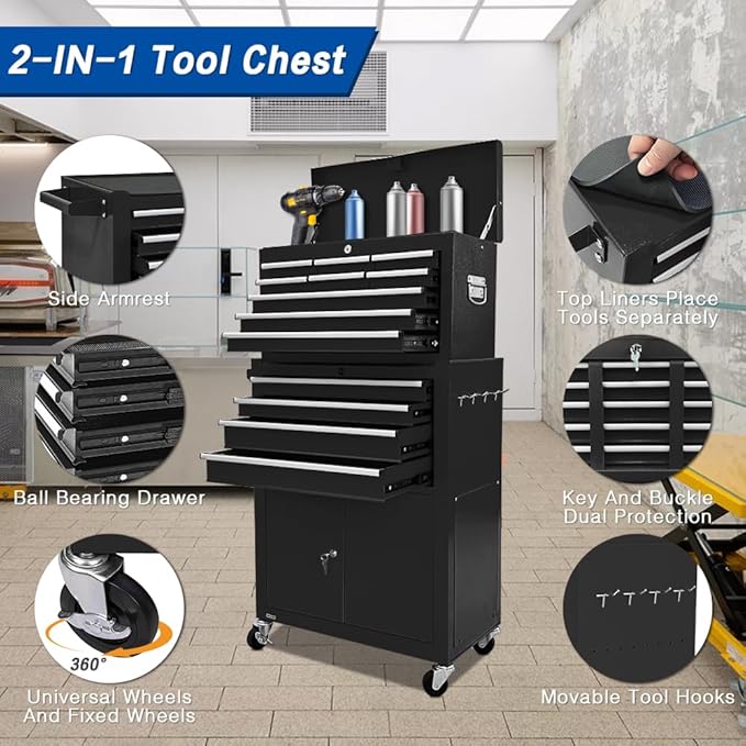 13-Drawer Rolling Tool Chest with Double Door, Extra Large Storage Cabinets with Tool Box, 2-in-1 Detachable Design, 600 lbs Capacity with Lockable Wheels for Garage, Mechanic, Professional & Home Use