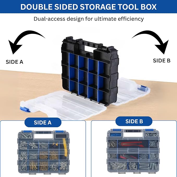 Andalus Tools Organizer Box, Small Parts Storage 34-Compartment Double-Sided Portable Hardware Organizer Removable Plastic Dividers for Screws, Nuts, Bolts, Nails – Blue (2 Pack, 12.5" x 10.5" x 3")