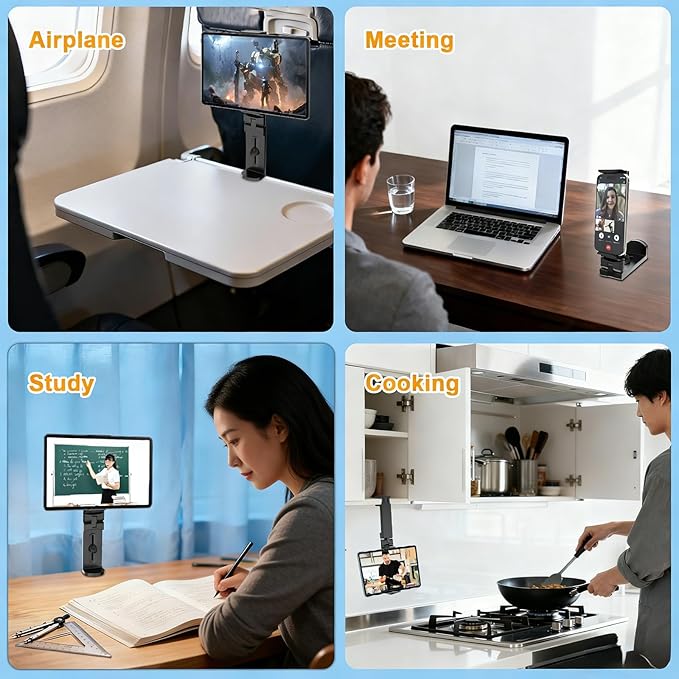 Airplane Tablet Holder Mount, 360 Degree Rotating Hands-Free Travel Stand, Universal Adjustable Clamp for Flying, Compatible with iPad/Galaxy Tab (Only Fits 7-12" Tablets)