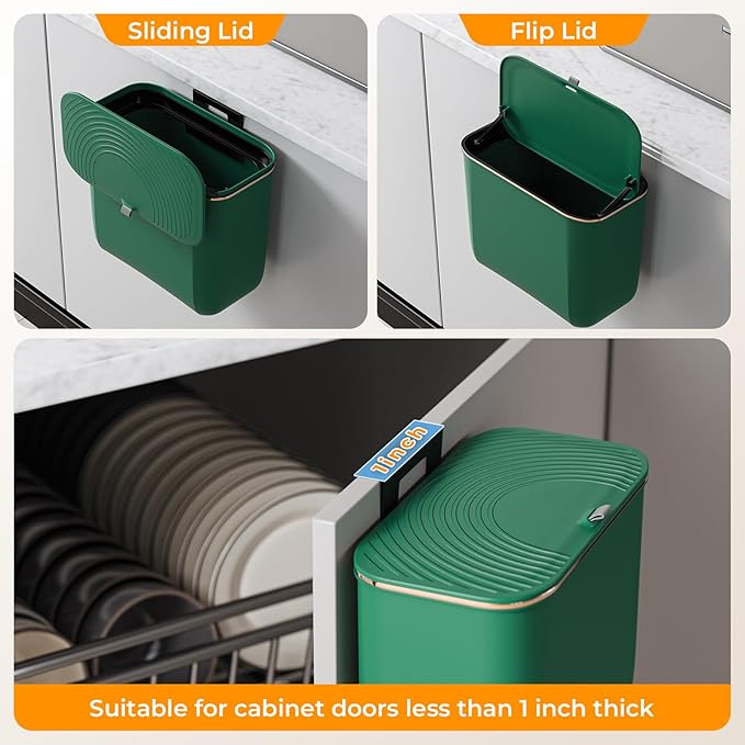 1.9 Gallon Hanging Trash Can - Small Under Sink Trash Can with Lid, Wall Mounted Garbage Bin for Kitchen & Bathroom Cupboard, Odor-Control, Extended Clamping Ring, Green