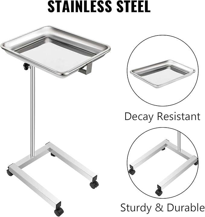 VEVOR Lab Cart, Stainless Steel Mayo Tray Stand 18 x 14 in Trolley Mayo Stand, Adjustable Height 32-51 in Instrument Tray with Removable Tray & 4 Omnidirectional Wheels, Ideal for Home Equipment