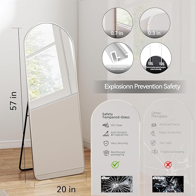 57x20 Door Hanging Full Length Mirror, Floor (Height 5.7ft just Body in1.3ft) Wall Mounted Metal Frame Arch Dressing Mirrors for Bedroom Bathroom Living Room 57 inch Silver