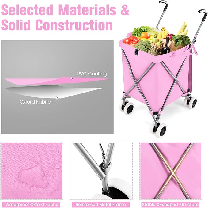 GOFLAME Folding Shopping Cart on Wheels, Waterproof Grocery Cart with Removable Cover and 360° Swiveling Wheels, Collapsible Utility Cart for Groceries and Laundry, 120LBS Load Capacity, Pink