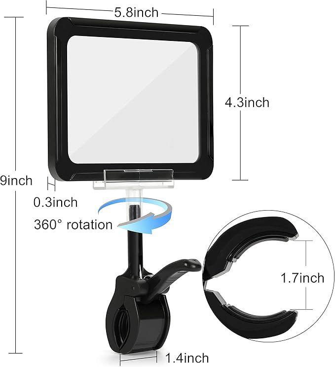 Mlici Acrylic Sign Holder with Clamp, 6 x 9 Inch Double Head Display Clips with PVC Card Protector, Rotating Sign Price Tag Clip On Sign Display for Hangrails or Tubes (Pack of 7) (Black)
