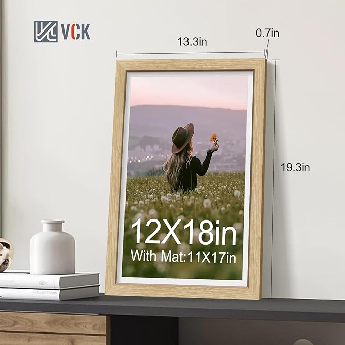 VCK 12x18 Picture Frame 2 Pack - Natural Oak, High-End Wood Poster Frames with Tempered Glass, Display 11x17 Photo with Mat or 12x18 without Mat, Art Gallery-Quality, Wall Hanging, Natural Oak