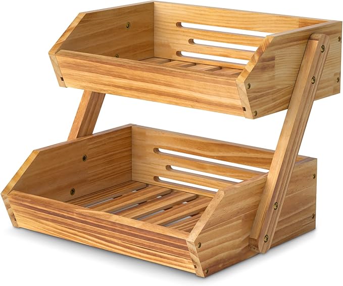 2 Tier Wooden Fruit Basket For Kitchen, Bread Vegetable Fruit Basket Bowl Stand, Farmhouse Fruit Bowl for Countertop, Large
