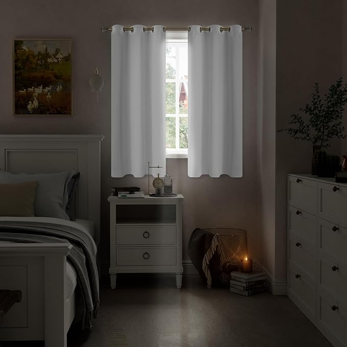 White Blackout Curtains for Bedroom 63 Inch Length, Black Out Thermal Insulated Grommet Window Drapes for Living Room, 2 Panels Set, Each 42 Inch Wide