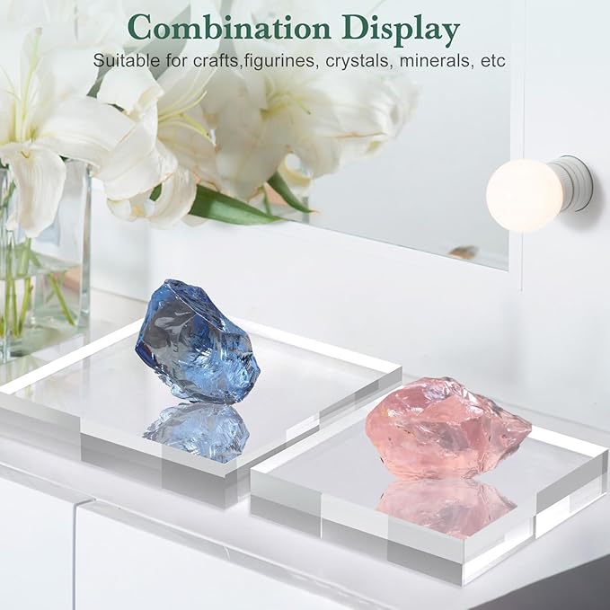 Acrylic Base Stand 4 Pack 6 X 6 X 1 Inch Acrylic Blocks for Display Trophy Base Clear Square Cube Riser Display Cylinder Pedestal Stands for Collectibles Jewelry Props Food Display
