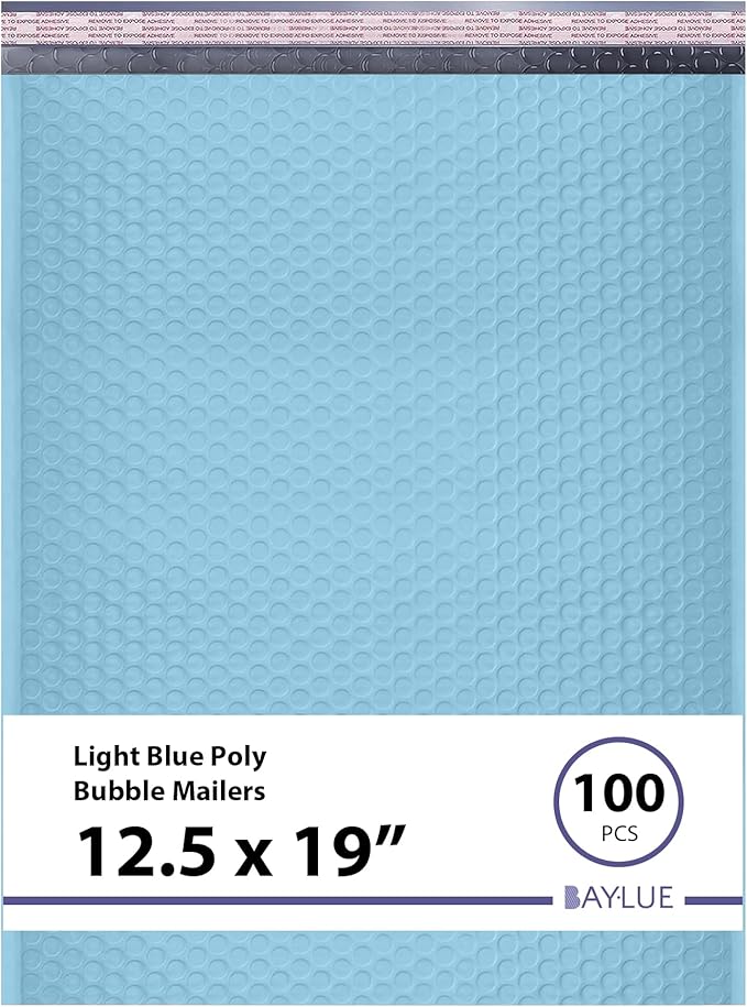 Light Blue 12.5x19.5 Inch Large Poly Bubble Mailers #6 | Padded Envelopes with Self Seal | Air Lined Cushioned Bubble Mailer | Usable Size 12.5x15 | 100 Pack Bulk | Lightweight shipping Bags